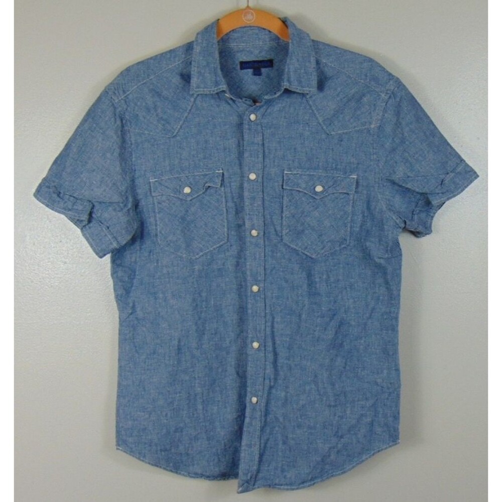 Martin + Osa Womens Denim Pearl Snap Shirt Western Short Sleeve Linen Blue Small - Picture 2 of 10